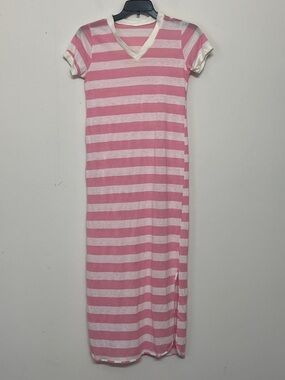 Sears JR Bazaar 70s vintage Pink & White Stripe V-Neck Maxi T-Shirt Dress Jr S